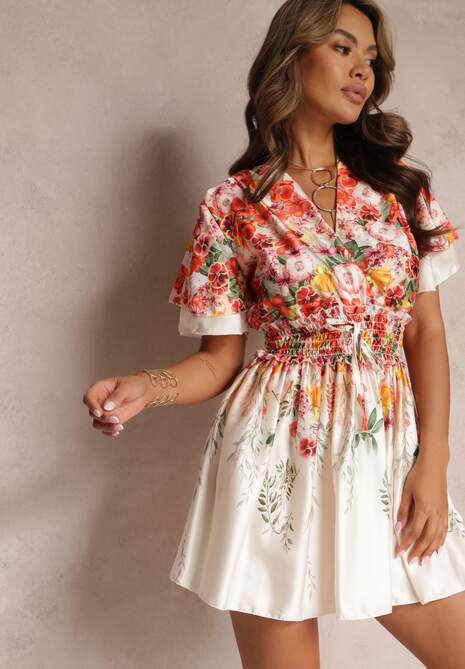 Beżowa Rozkloszowana Sukienka Mini z Kopertowym Dekoltem w Kwiaty Cecille
