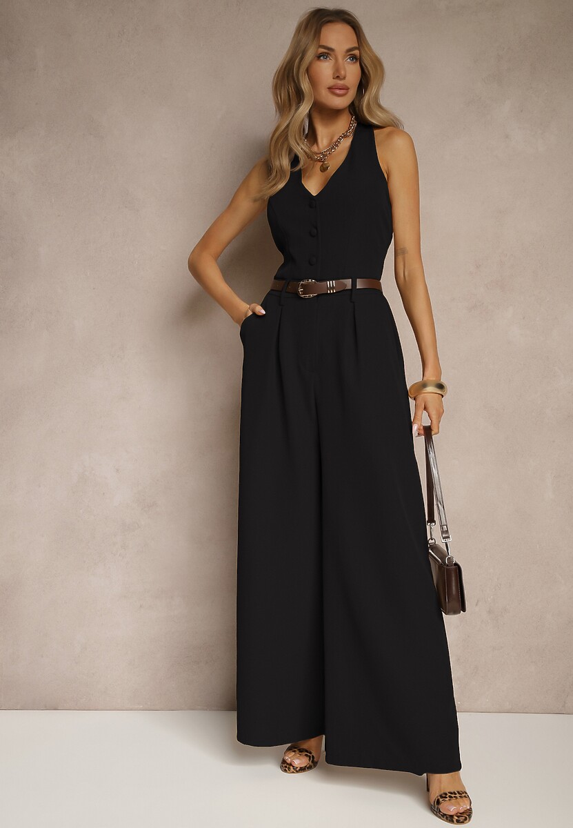 Czarny Taliowany Kombinezon z Guzikami Nilaviella