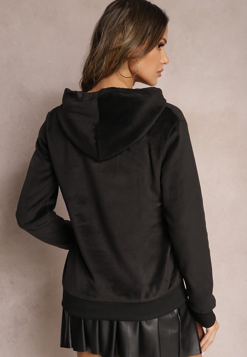 Czarna Ocieplona Bluza Welurowa o Fasonie Kangurki z Napisem Meluia