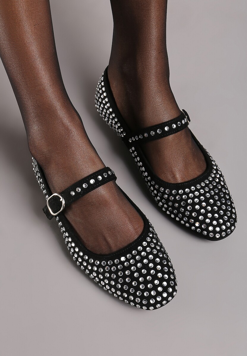 Czarne Balerinki na Płaskiej Podeszwie Mary Jane Ozdobione Cyrkoniami Vilabria