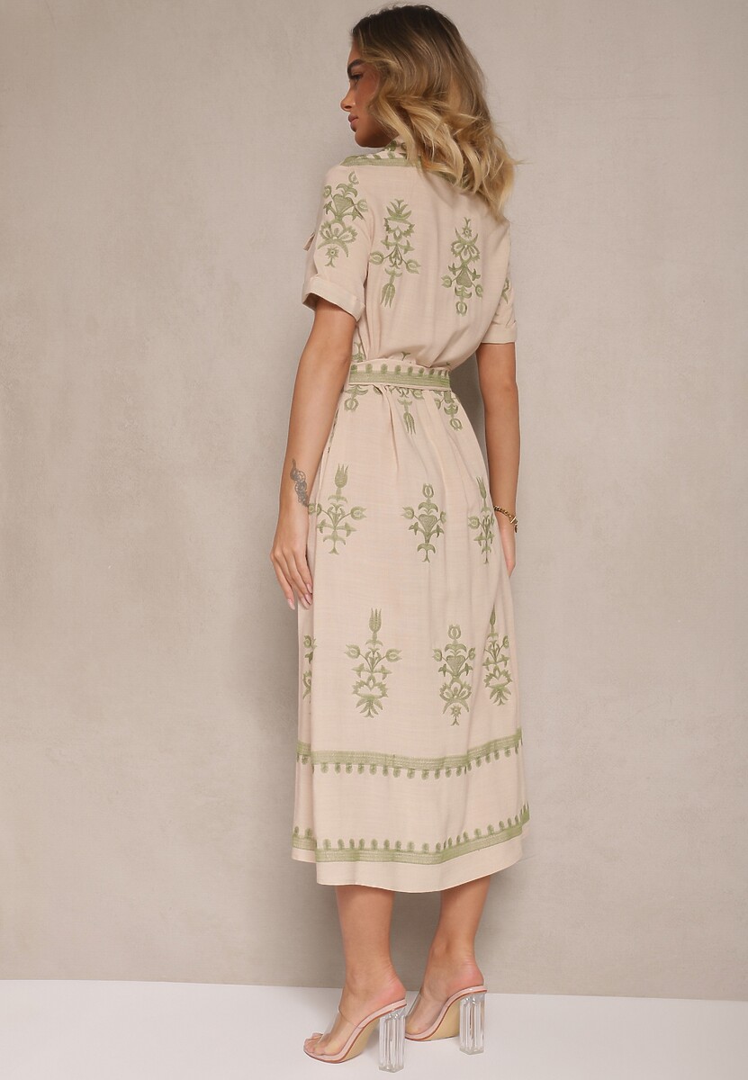 Beżowa Koszulowa Sukienka z Wiskozy Ozdobiona Paskiem i Haftem Divirea