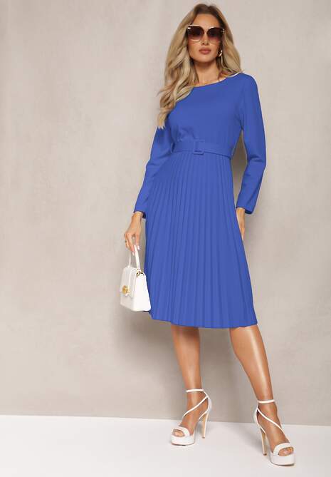 Granatowa Plisowana Sukienka Midi z Paskiem w Talii Pailomena