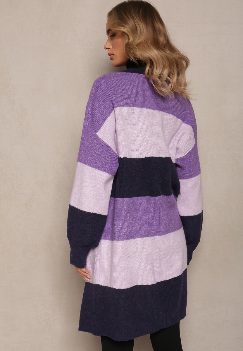 Fioletowy Luźny Kardigan Niezapinany w Paski Blikoze