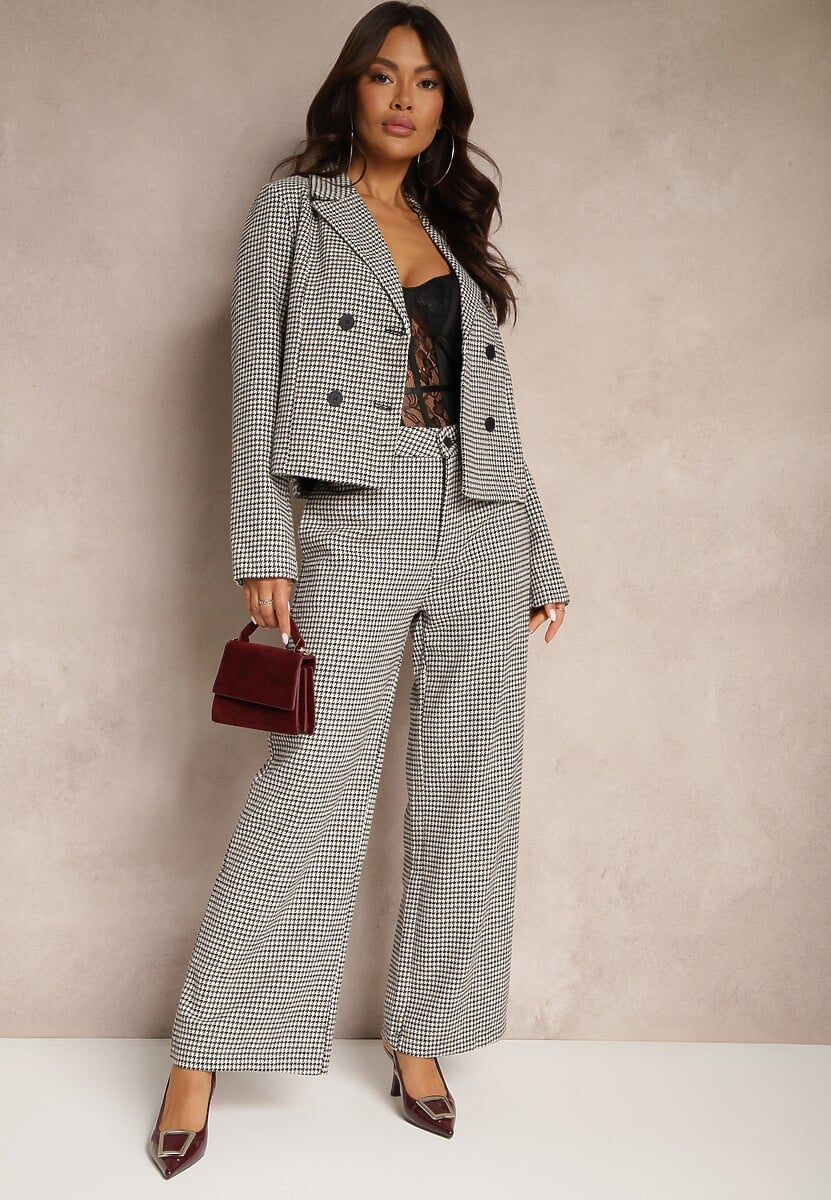 Czarno-Beżowe Spodnie z Wiskozą High Waist o Szerokim Kroju w Pepitkę Enithra