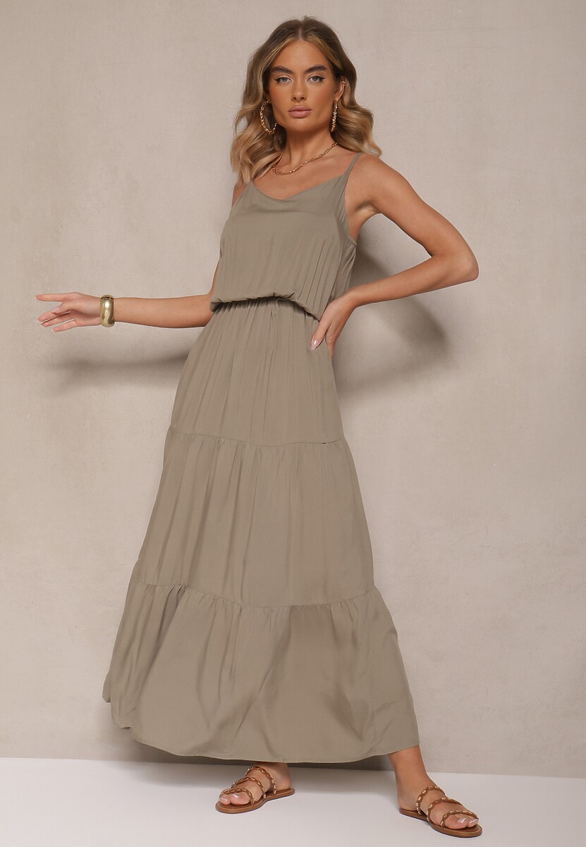 Zielona Rozkloszowana Sukienka z Wiskozy na Ramiączkach Flesira