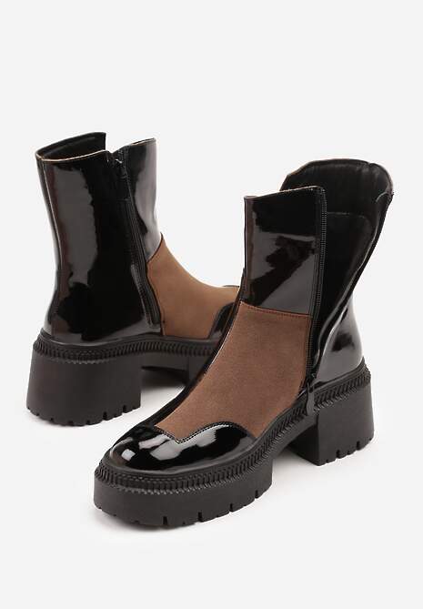 Czarno-Brązowe Botki Lakierowane Vices Ozdobione Tasiemką Rotine