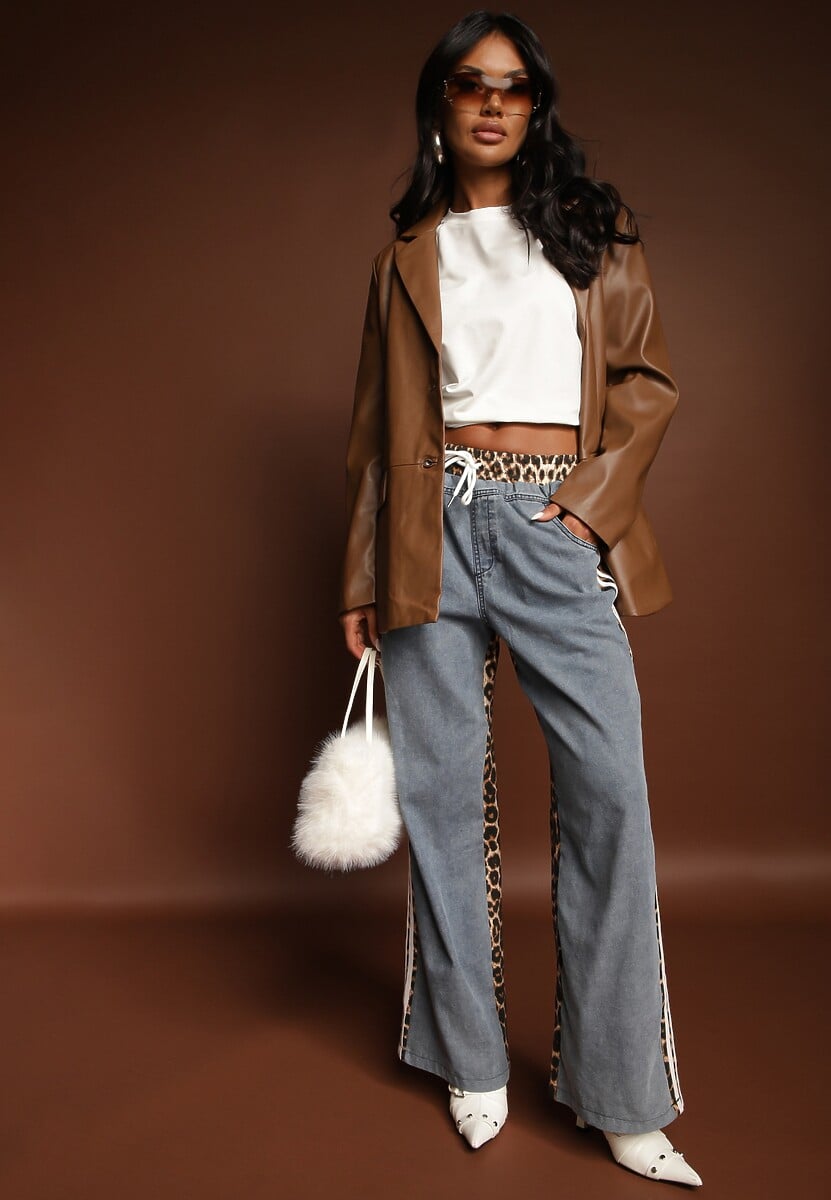 Biały Dresowy Komplet z Bawełny Spodnie i Bluzka z Panterką i Lampasami Eltebira