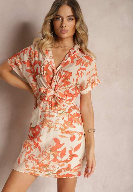 Pomarańczowa Sukienka z Wiązaniem w Talii Ozdobiona Abstrakcyjnym Printem Namsalia