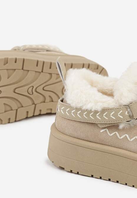 Beżowe Śniegowce na Platformie Ozdobione Haftem i Frędzlami  Linomis