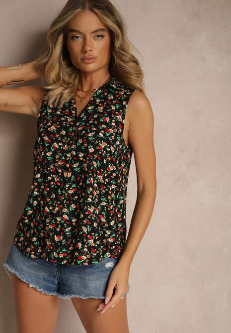 Czarna Wiskozowa Koszula w Kwiaty bez Rękawów Sarionna