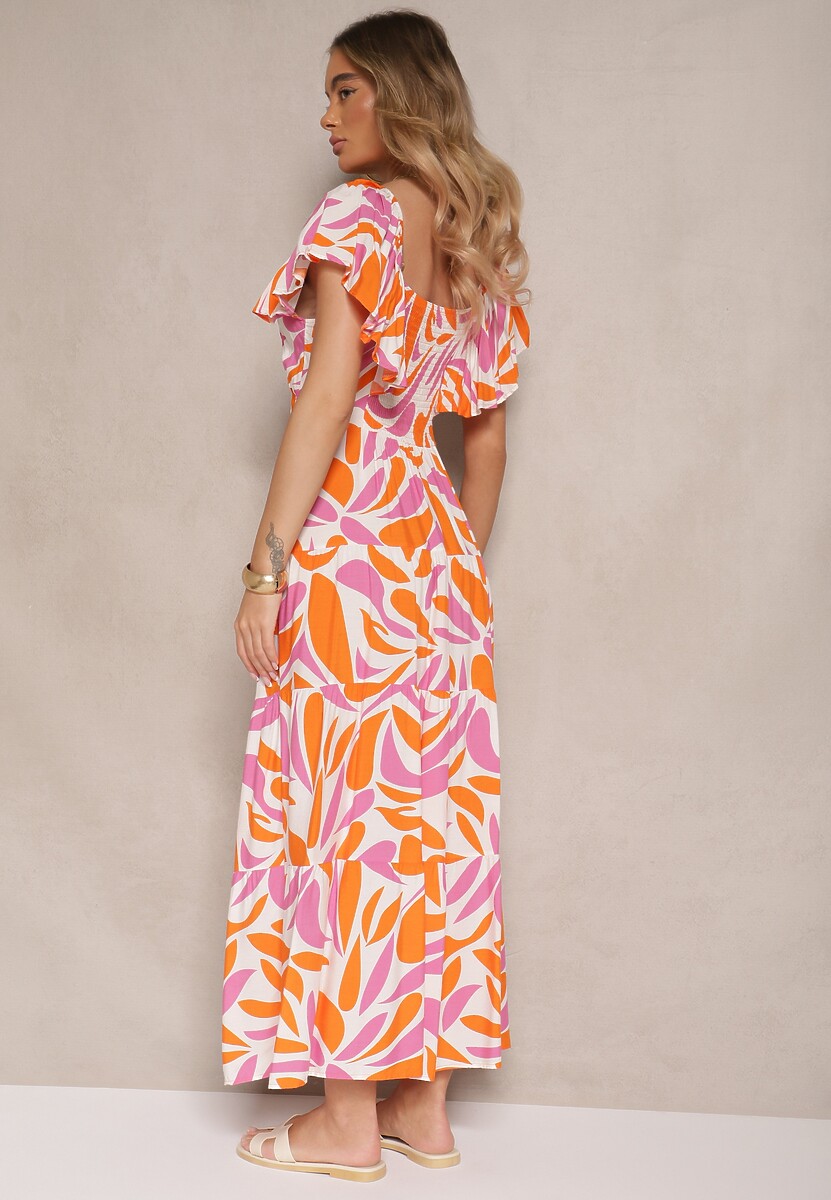 Pomarańczowa Rozkloszowana Sukienka z Wiskozy w Geometryczny Wzór Anisoria