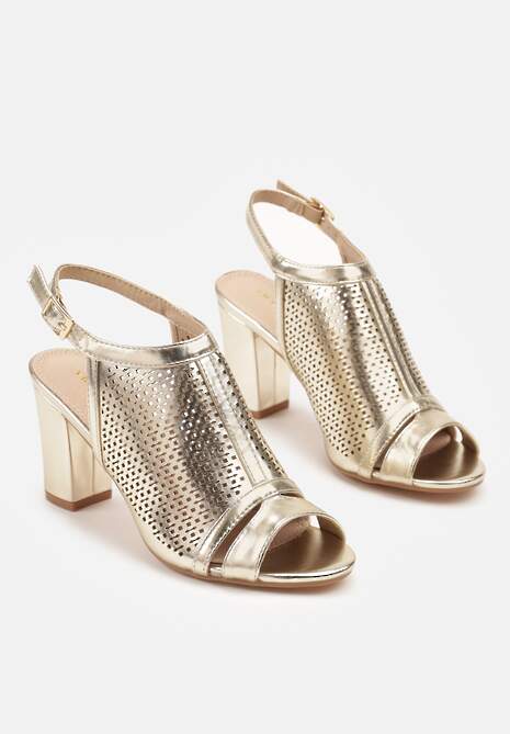 Złote Sandały Vices na Słupku z Ażurową Cholewką i Skórzaną Wkładką Saramiae