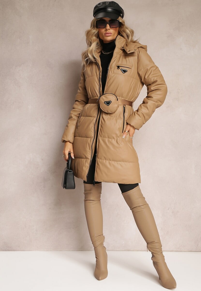 Beżowa Długa Kurtka z Paskiem Płaszcz z Okrągłą Saszetką w Komplecie Nabili