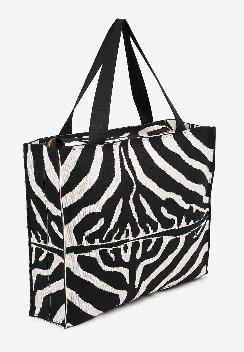 Czarno-Biała Torebka Typu Shopper w Zebrę o Prostokątnym Kształcie Salisenna