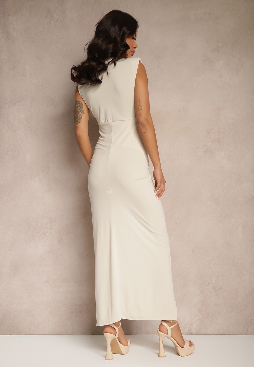 Beżowa Koktajlowa Sukienka Kopertowa Ozdobiona Guzikami i Marszczeniem Tdivaya