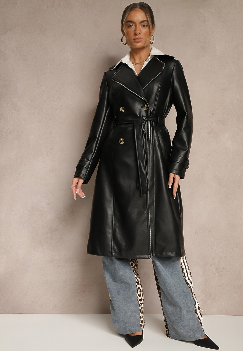 Brązowy Płaszcz Trencz z Ekoskóry o Dwurzędowym Kroju z Paskiem Nilianis