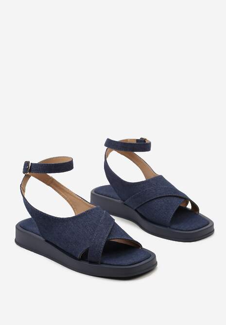 Granatowe Sandały Na Płaskiej Podeszwie z Szerokim Zapinanym Paskiem Imarra
