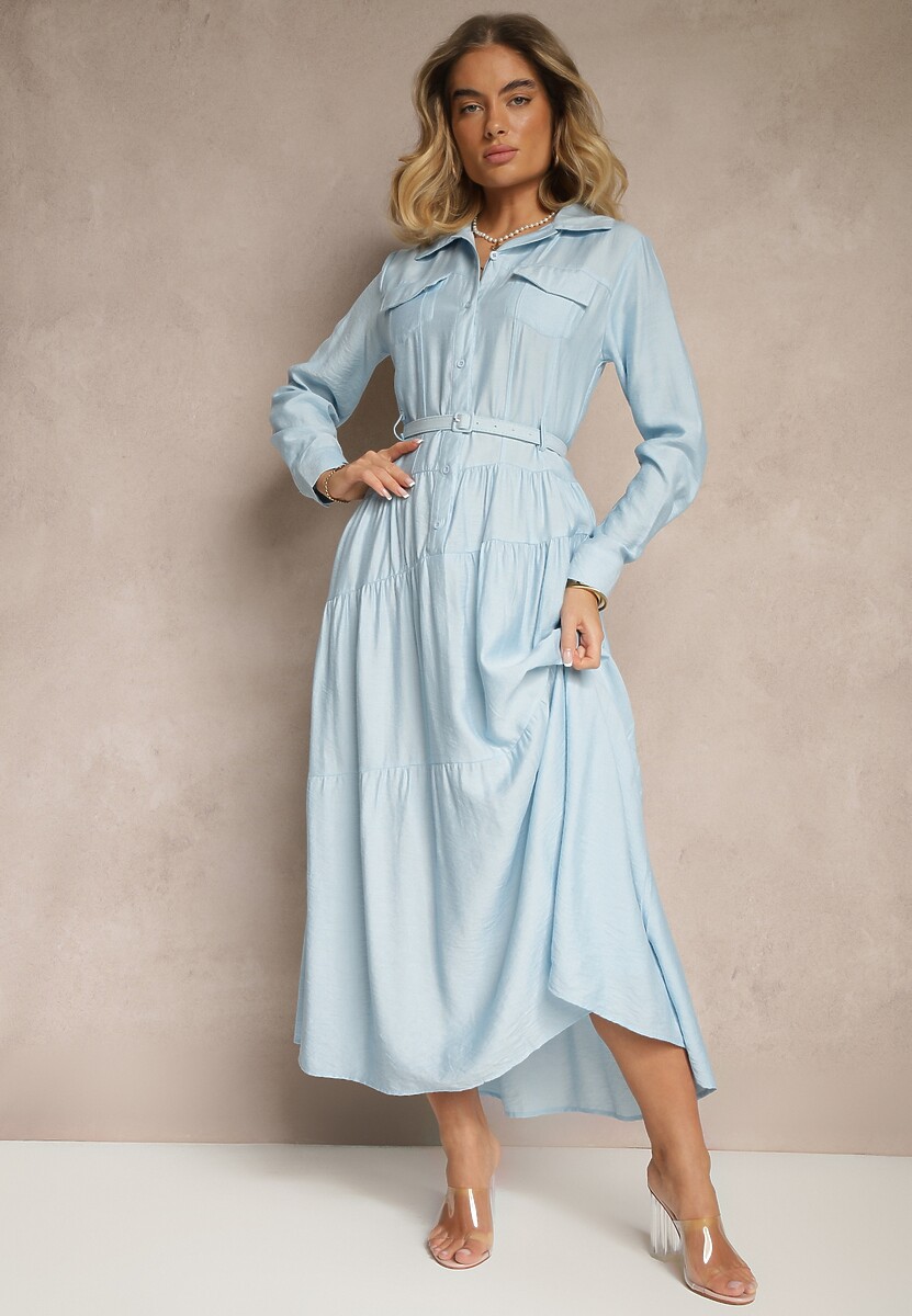 Beżowa Rozkloszowana Sukienka z Wiskozy z Guzikami i Paskiem Ronesa