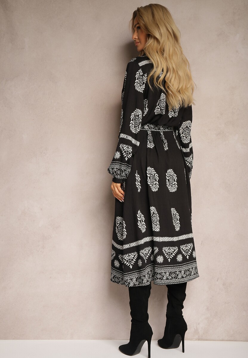 Czarna Sukienka Koszulowa Wiązana w Pasie w Stylu Boho Rorisha