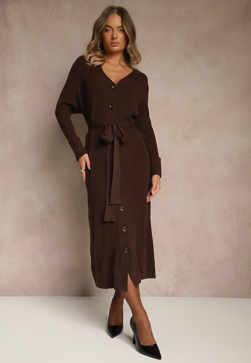 Brązowa Prążkowana Sukienka Dzianinowa z Domieszką Wełny Zapinana na Guziki Nalemma