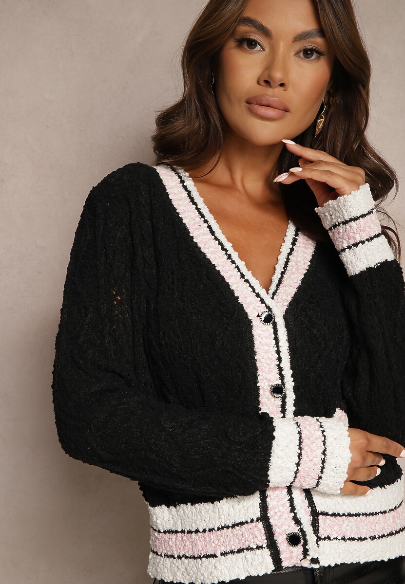 Czarny Kardigan z Wiskozą na Guziki z Paskami Liathalie