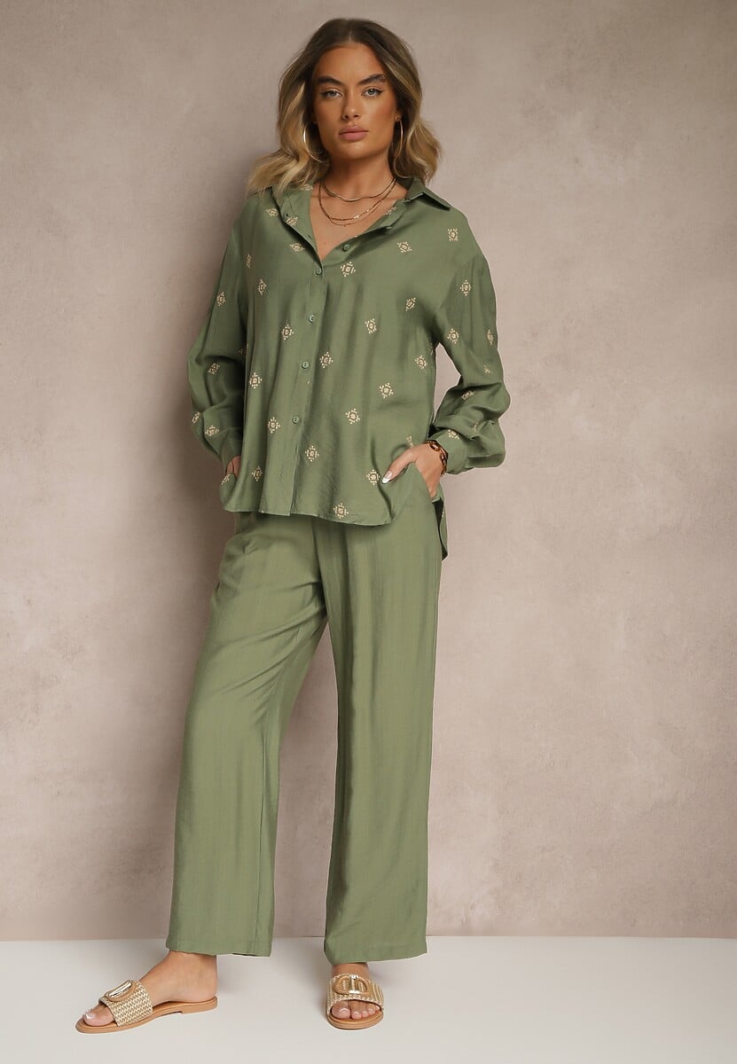 Zielony Wiskozowy Komplet Oversize Zdobiony Haftem Koszula i Spodnie Sadrianae