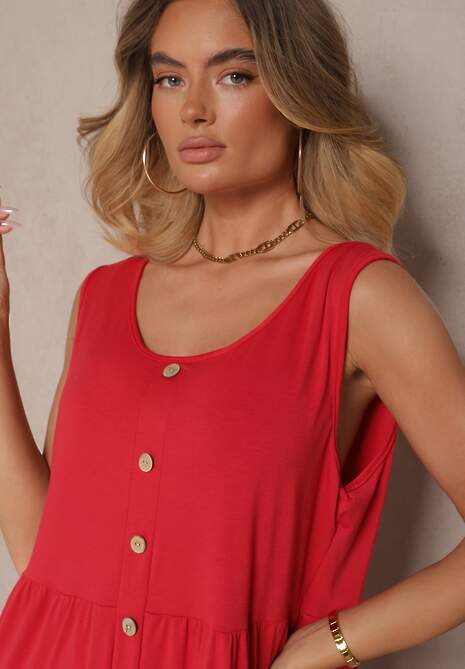Czerwona Rozkloszowana Sukienka na Szerokich Ramiączkach Zdobiona Guzikami Saniraya