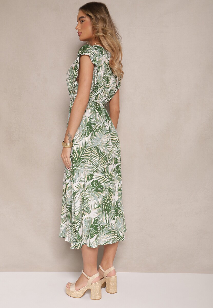 Zielona Sukienka o Rozkloszowanym Fasonie z Bawełny w Liście Lanadena
