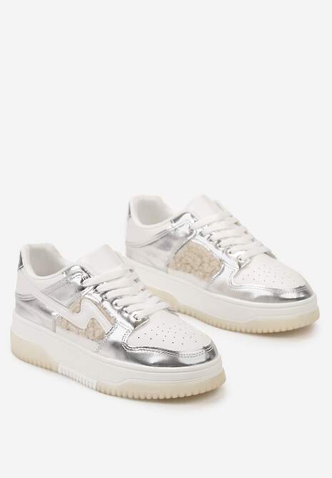 Biało-Srebrne Sneakersy na Grubej Podeszwie z Futerkiem Malvira