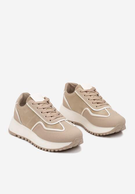 Ciemnobeżowe Sneakersy na Płaskiej Podeszwie Ozdobione Geometrycznym Wzorem Erimaraes