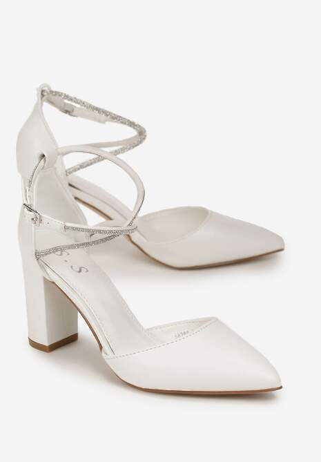 Białe Czółenka na Słupku ze Szpiczastym Noskiem i Paskiem w Cyrkonie Jiansa