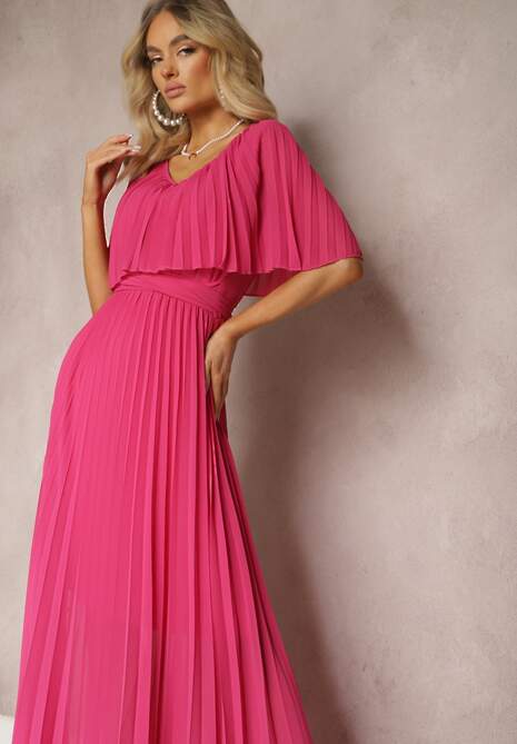 Ciemnoróżowa Plisowana Sukienka z Gumką w Pasie z Falbaną Przy Dekolcie Drenia