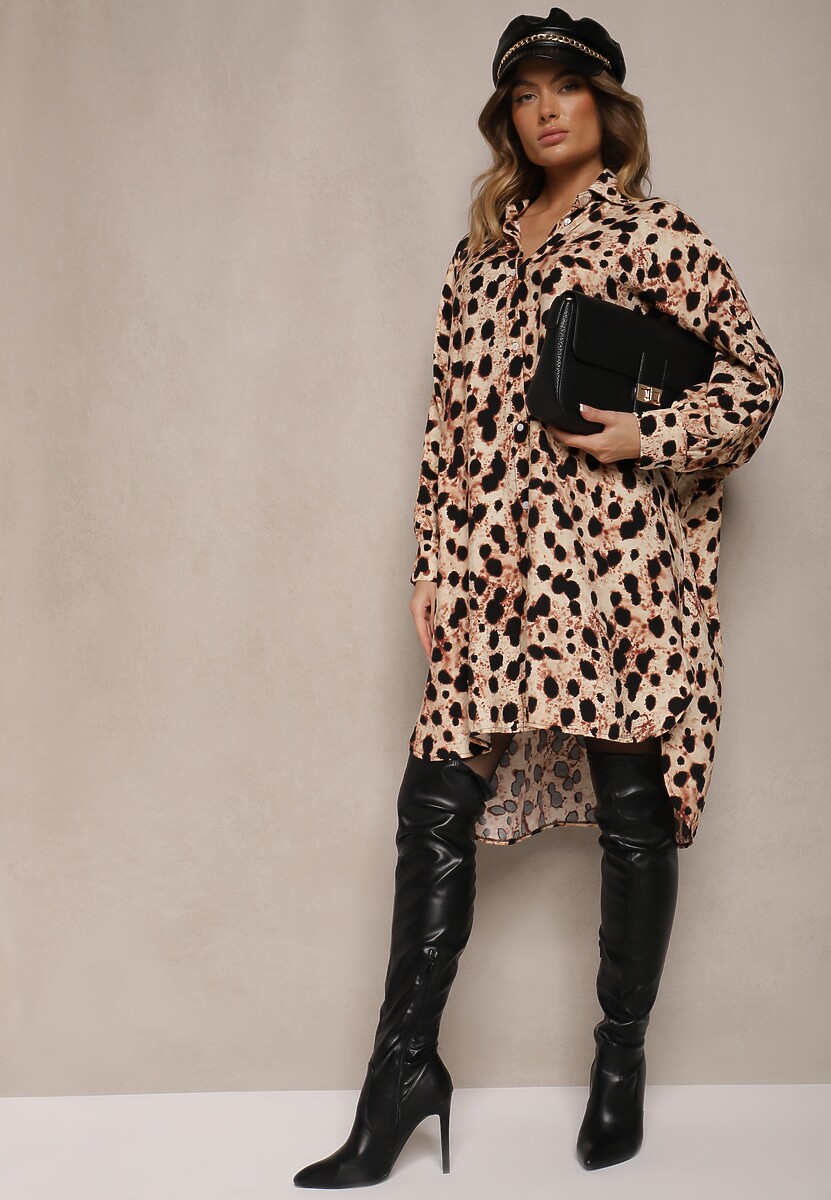 Beżowa Koszulowa Panterkowa Sukienka Typu Nietoperz z Wiskozy z Lnem Emindara