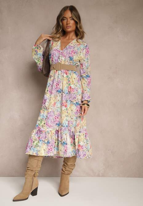 Żółta Sukienka w Kwiatowy Print o Rozkloszowanym Kroju z Dekoltem w Serek Janellia