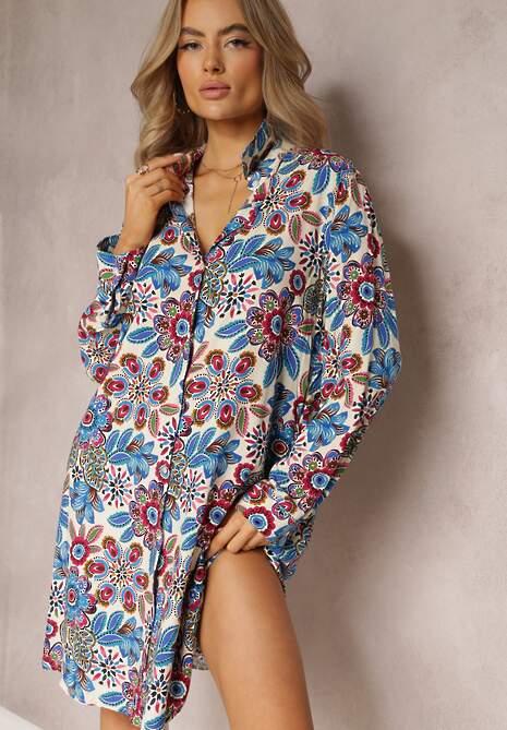 Niebieska Koszulowa Sukienka Midi w Kwiaty Livala