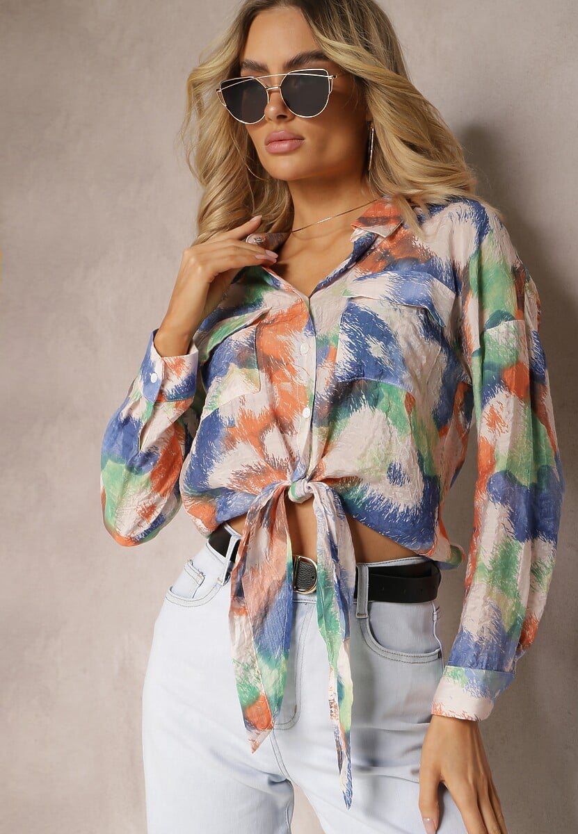 Beżowo-Granatowa Koszula z Abstrakcyjnym Wzorem z Wiązaniem na Dole Priveta