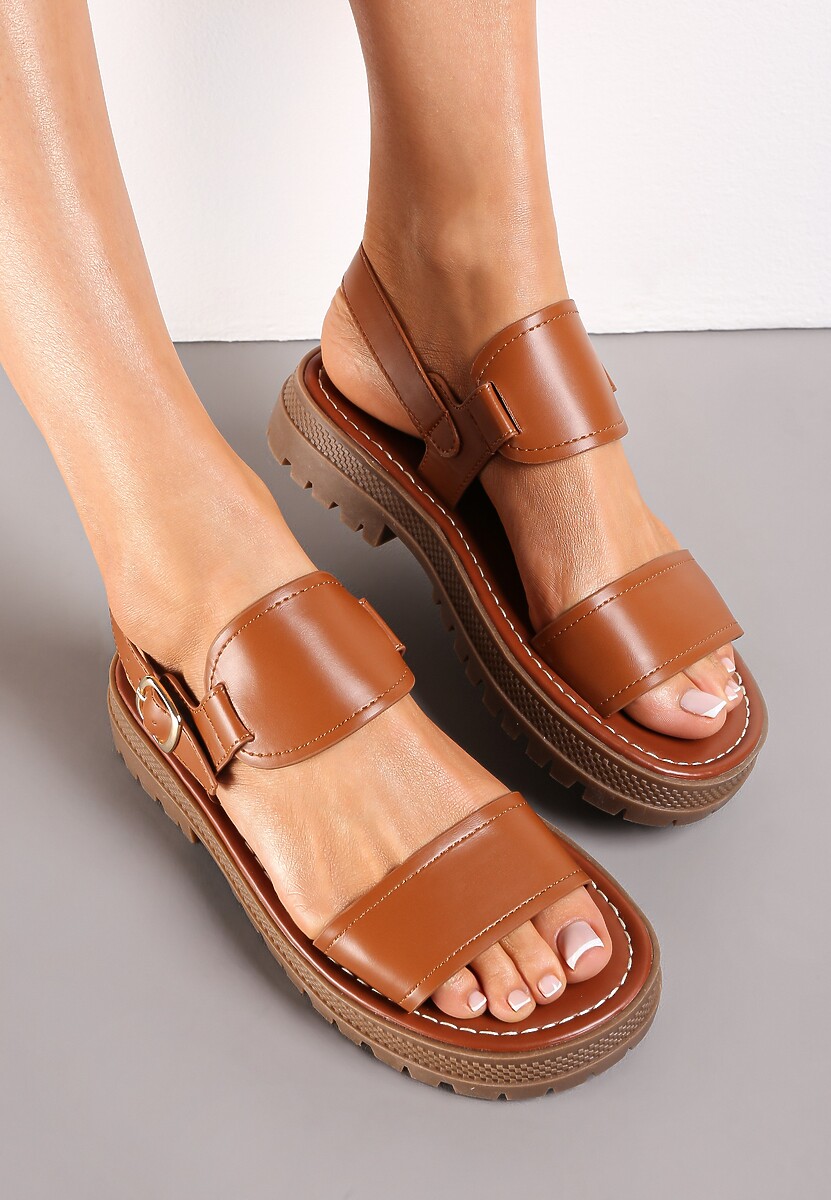 Brązowe Sandały na Płaskiej Podeszwie z Przeszyciami i Sprzączką Simisola