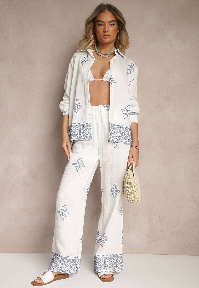 Biały Wiskozowy Komplet z Haftowanymi Zdobieniami Koszula i Spodnie Iffina