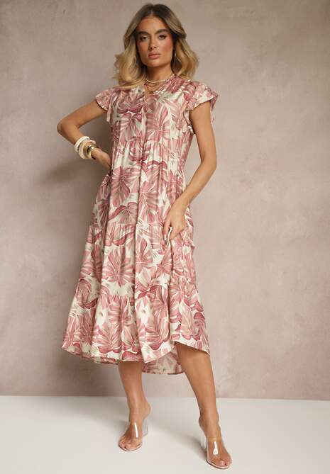 Ciemnoróżowa Rozkloszowana Sukienka z Wiskozą Zdobiona Roślinnym Printem Galmoi