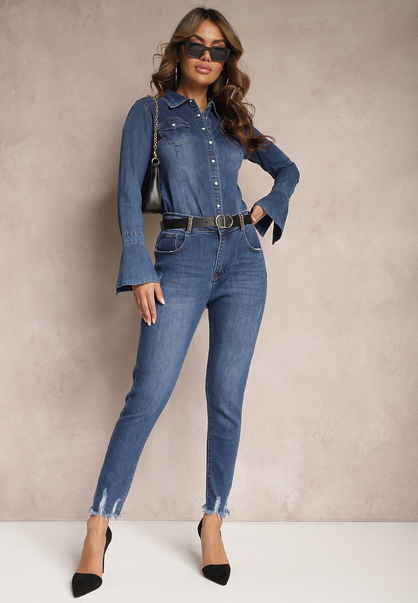 Granatowe Jeansy Skinny z Przedarciami i Łańcuszkami na Szlufkach Reila