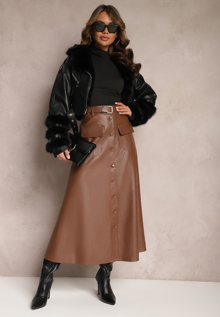 Brązowa Rozkloszowana Spódnica Midi z Imitacji Skóry z Kieszeniami z Klapą i Guzikami Maronna