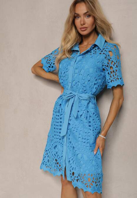 Niebieska Koszulowa Sukienka Midi z Ażurowym Zdobieniem Tatrasi