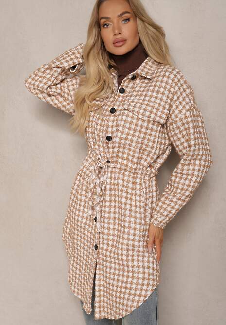 Brązowa Koszulowa Sukienka Szmizjerka w Kratkę Vichy z Kieszeniami i Paskiem Daislen