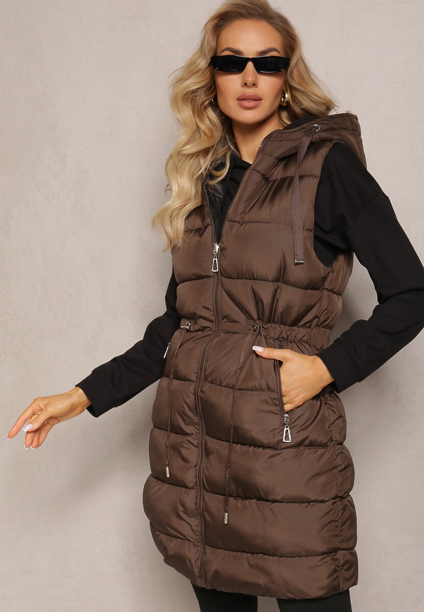 Brązowa Pikowana Kamizelka Dwustronna z Troczkiem w Pasie o Wydłużonym Fasonie Selinorda