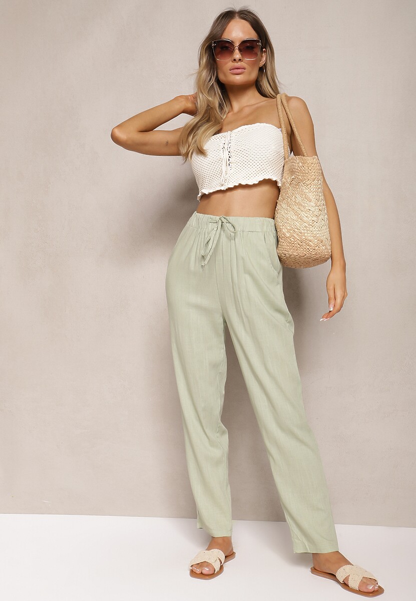 Jasnozielone Proste Spodnie Bawełniane z Gumką w Pasie Xisela