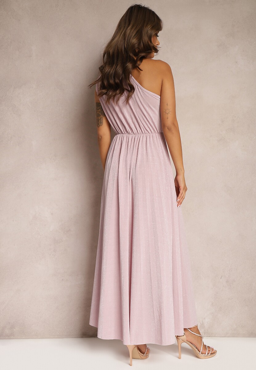 Różowa Plisowana Sukienka na Jedno Ramię z Gumką w Pasie Nansah