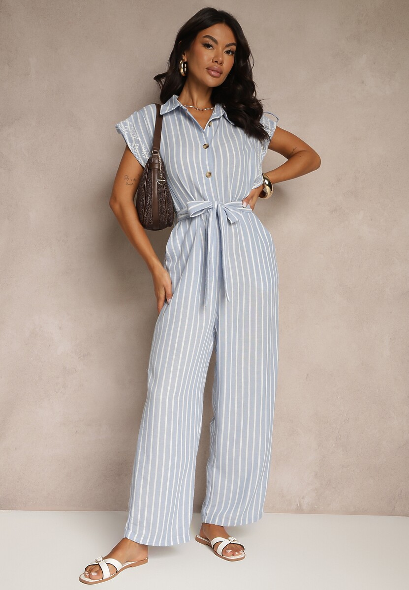 Niebieski Koszulowy Kombinezon z Bawełny z Wiązanym Paskiem Amevilia