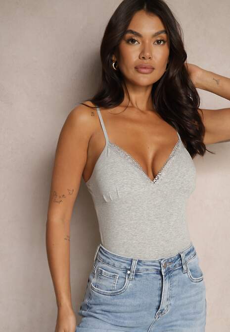 Ciemnoszary Top z Bawełny z Dekoltem w Serek Carinael