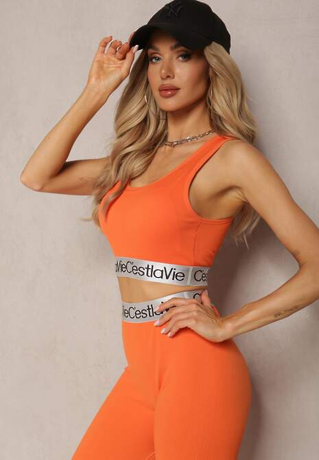 Pomarańczowy Top Sportowy Biustonosz Elastyczny Prążkowany z Ozdobną Gumą Waslema