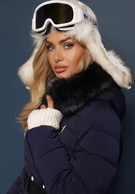 Granatowa Pikowana Kurtka z Paskiem i Kapturem z Futerkiem Biomere